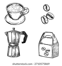 Coffe set vector line art hand drawn illustration