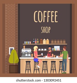 Coffe Shop with Barista and Visitors. Happy Lady and Man Meeting in Cafe and Conversation. Modern Cafeteria with Broun Bar Counter, Cups and Bottles, Espresso, Cappuchino Machine. Flat Banner.