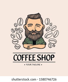 Coffe shop colorful logo. Hand-drawn hipster man with mustache, beard with coffee beans on white background. Barista Vector logo. Line cafe Emblem.