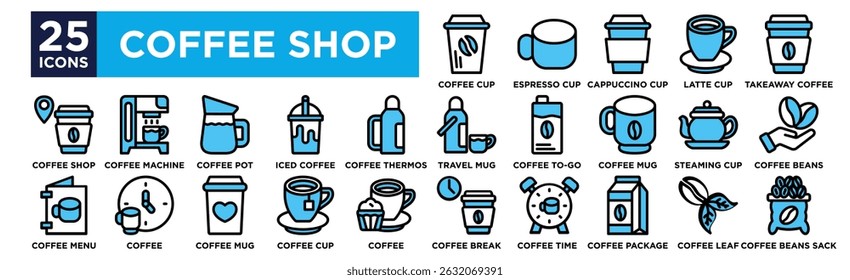Coffe shop icon collection set. Containing design Coffee Cup, Espresso Cup, Cappuccino Cup, Latte Cup, Takeaway Coffee,