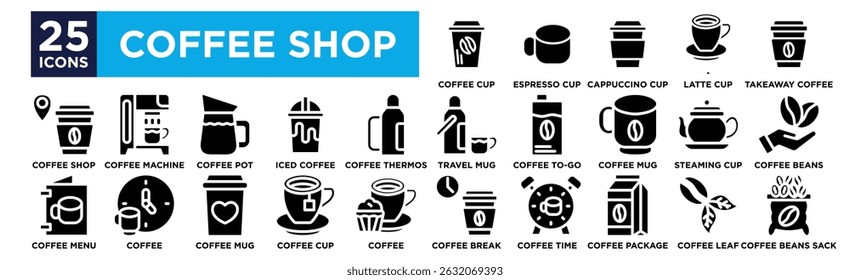 Coffe shop icon collection set. Containing design Coffee Cup, Espresso Cup, Cappuccino Cup, Latte Cup, Takeaway Coffee,