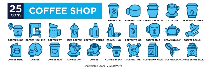 Coffe shop icon collection set. Containing design Coffee Cup, Espresso Cup, Cappuccino Cup, Latte Cup, Takeaway Coffee,