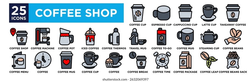 Coffe shop icon collection set. Containing design Coffee Cup, Espresso Cup, Cappuccino Cup, Latte Cup, Takeaway Coffee,