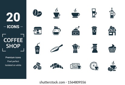 Coffe Shop Icon Set. Include Creative Elements Coffee Beans, Cappuccino, Coffee Machine, Coffee To Go, Ice Coffee Icons. Can Be Used For Report, Presentation, Diagram, Web Design.