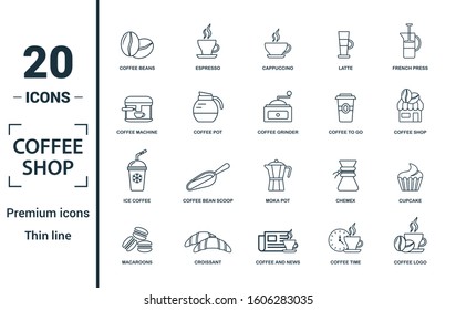 Coffe Shop icon set. Include creative elements coffee beans, cappuccino, coffee machine, coffee to go, ice coffee icons. Can be used for report, presentation, diagram, web design.
