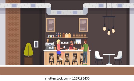 Coffe Shop Interior. Espresso And Cupcake Bar With Barista Character. Modern Cafeteria With Room And Table. Young Girl And Man Drink Espresso Or Tea With Dessert. Flat Illustration.