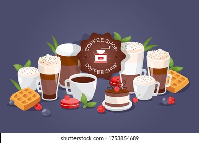 Coffe shop large assortment different drinks, vector illustration. Cafe logo, cups and glasses with coffee espresso, mug with cinnamon or chocolate. Sweet chocolate cake and waffles, coffee shop food.