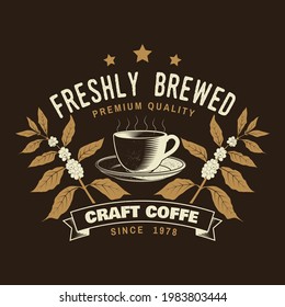 Coffe shop logo, badge template. Vector . Typography design with coffee cup and branch of coffee tree silhouette. Template for menu for restaurant, cafe, bar, packaging