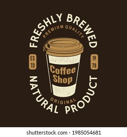 Coffe shop logo, badge template. Vector . Typography design with paper coffee cup silhouette. Template for menu for restaurant, cafe, bar, packaging