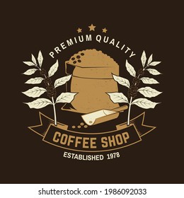 Coffe shop logo, badge template. Vector . Typography design with bag with coffee beans and branch of coffee tree silhouette. Template for menu for restaurant, cafe, bar, packaging