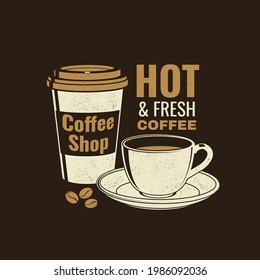 Coffe shop logo, badge template. Vector . Typography design with coffee cup silhouette. Template for menu for restaurant, cafe, bar, packaging