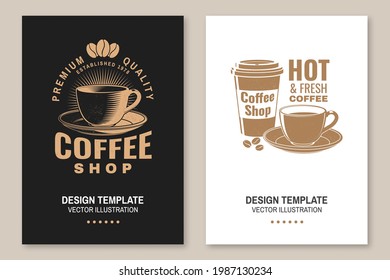 Coffe shop logo, badge template. Vector. Flyer, brochure, banner, poster with coffee cup silhouette. Template for menu for restaurant, cafe, bar, packaging