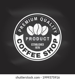 Coffe shop logo, badge template on the chalkboard. Vector. Typography design with coffee bean silhouette. Template for menu for restaurant, cafe, bar, packaging