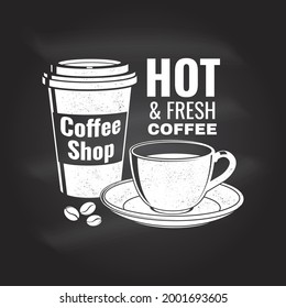 Coffe shop logo, badge template on the chalkboard. Vector. Typography design with coffee cup silhouette. Template for menu for restaurant, cafe, bar, packaging