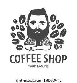 Coffe shop logo. Hand-drawn hipster man with black mustache, beard with black coffee beans on white background. Barista Vector logo. Line cafe Emblem.