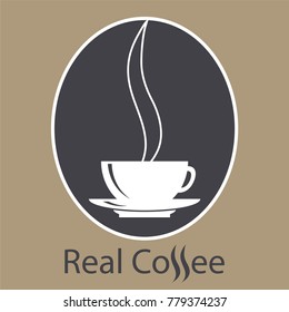 Coffe shop vector logo. White classic mug and black coffee bean on light brown background