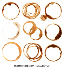 Coffe Stains And Splashes, Dirty Brown Cup Rings Vector Set. Splash Ring Form Coffee Mug, Circle Stain Dirty Mark Illustration