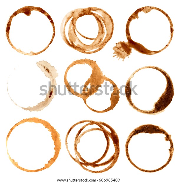コーヒーの汚れと跳ね 汚れた茶色のカップリングのベクター画像セット コーヒーマグからスプラッシュリング 円汚れマークのイラスト のベクター画像素材 ロイヤリティフリー