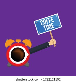 concepto de tiempo de café - reloj de café y alarma y mano de negocios.Ilustración conceptual vectorial en diseño plano.Aislado en segundo plano.