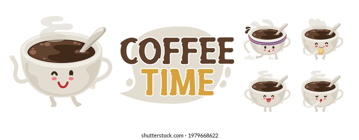 Coffe time cup cute cartoon characters emoji set for breakfast menu project. Symbol and logo for food design decoration. Isolated on white background.