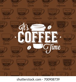 Coffe Time Logo On Seamless Pattern Coffee Type Recipe, Vector Illustration