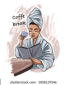 Coffe Time slogan. Hand drawn beautiful young woman with a towel on my head. Fashion woman look. Sketch. Vector illustration