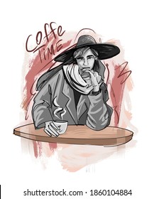 Coffe Time slogan. Hand drawn beautiful young woman with a towel on my head. Fashion woman look. Sketch. Vector illustration