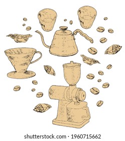 Coffe vector illustration set. Vector engraved illustration. Hand drawn coffee beans, coffee kettle, and and grinder. Editable color illustration in sketch vintage style on white background