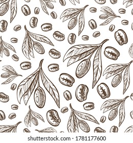 Coffea plant with coffee bean seamless pattern for cafe menu. Plant with ripe seeds, ingredient of hot beverages. Stimulant leaves with caffeine. Monochrome sketch outline, vector in flat style