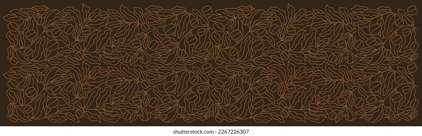 Coffea plant pattern. Coffee branches background. Beans and leaves. Editable outline stroke. Vector line. Pack design. Wrapping paper.