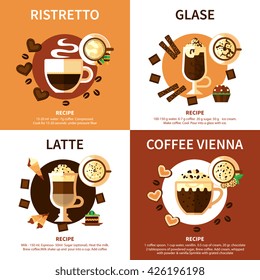 Coffee 2x2 design concept set of different  types of coffee drinks with names ingredients and recipes flat vector illustration