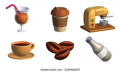 coffee 3d icon set with coffee beans, coffee in disposable cup and machine 3d illustration