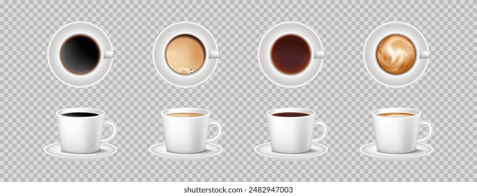 Coffee 3d. Tea mug top and side view. Cappuccino with milk, espresso and latte. Cafe icon front. Mockup hot drink, Americano cup, white tableware. Isolate background. Vector realistic illustration