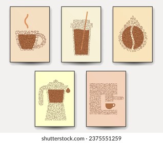 Coffee abstract background for banner, poster, cover in fashion minimal style. Set concept art design with cup, moka pot, bean, drop, espresso machine. Template illustration for branding cafe, shop.