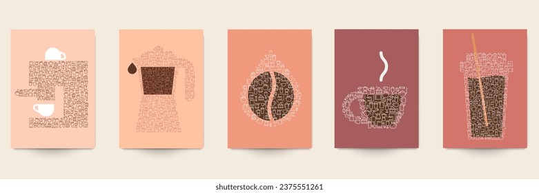 El fondo abstracto del café para banner, afiche, portada de forma minimalista. Diseñar el diseño de arte conceptual con taza, maceta de moka, frijol, gota, máquina de expreso. Ilustración de plantilla para marca café, tienda.