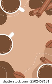 Coffee abstract background with coffee cup, coffee beans and cinnamon layout. Flat vector illustration.