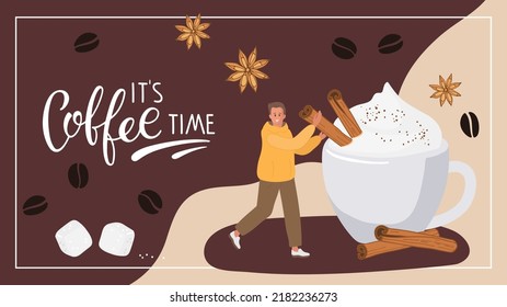 Fondo abstracto del café. Es el Coffee Time lettering, granos de café, anís, un chico pequeño cocinando crema. Resumen de fondo para banner o afiche moderno, embalaje, etiqueta, diseño de recetas, menú, cafetería.