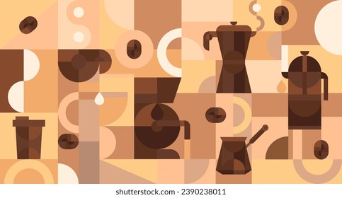 Coffee abstract geometric background in minimal retro style. Bright design template for branding banner, cover, poster. Vector illustration.