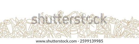 Coffee abstract line backdrop. Doodle graphic tree, raw beans, silhouette of cups, farm plantation. Vector border for cafe packaging design. Aroma espresso beverage. Minimal sketch