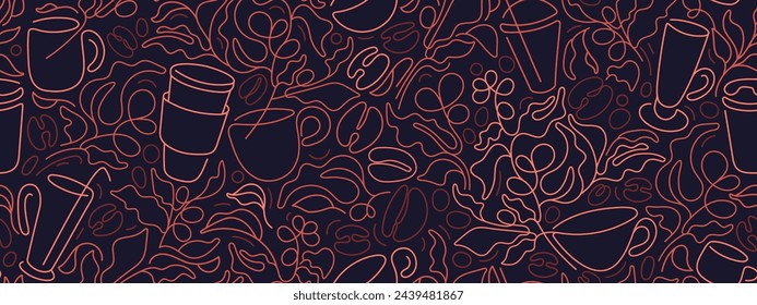 Coffee abstract line. Cafe seamless pattern. Vector graphic plantation, raw beans, silhouette of cups for food print, cafe design. Aroma espresso beverage