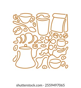 Coffee abstract line print. Sketch illustration for food package, cafe design. Vector vintage composition of espresso, americano, cappuccino, paper glass. Editable stroke