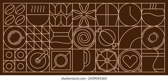 Coffee abstract modern line geometric pattern or mosaic tile, vector background. Coffee cup and moka pot with cappuccino and espresso, coffee beans and chocolate candy in geometric linear pattern