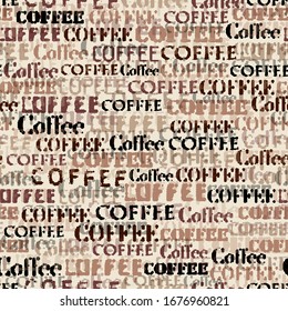 Coffee. Abstract coffee pattern with lettring. Seamless vector pattern.