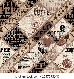 Coffee. Abstract coffee pattern on brown background with a lettring. Seamless pattern.