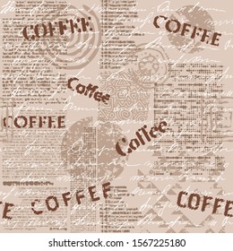 Coffee. Abstract coffee pattern on brown background with a lettring. Vector image.