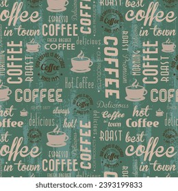 Coffee. Abstract coffee pattern on brown background with a lettering. Seamless pattern.