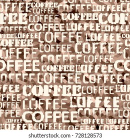 Kaffee. Abstraktes Kaffeemuster auf braunem Hintergrund mit einem Schriftzug.