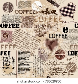 Coffee. Abstract coffee pattern on brown background with a lettring. Seamless pattern.