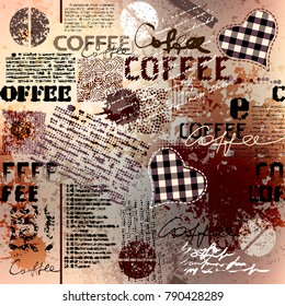 Coffee. Abstract coffee pattern on brown background with a lettring. Seamless pattern.