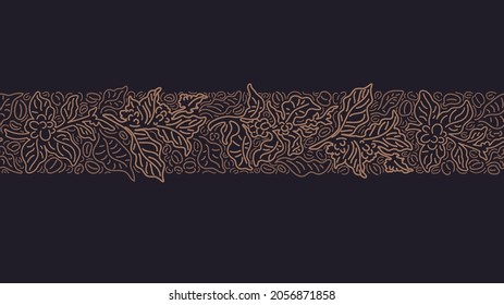 Coffee abstract seamless pattern. Vector art line twig, graphic leaves, grain. Golden decor on black background. Nature print for cafe, textile